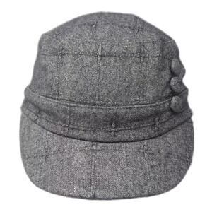D&Y Army Cap Gray One Size Wool Blend Grid Stitched Decorative Buttons Hat